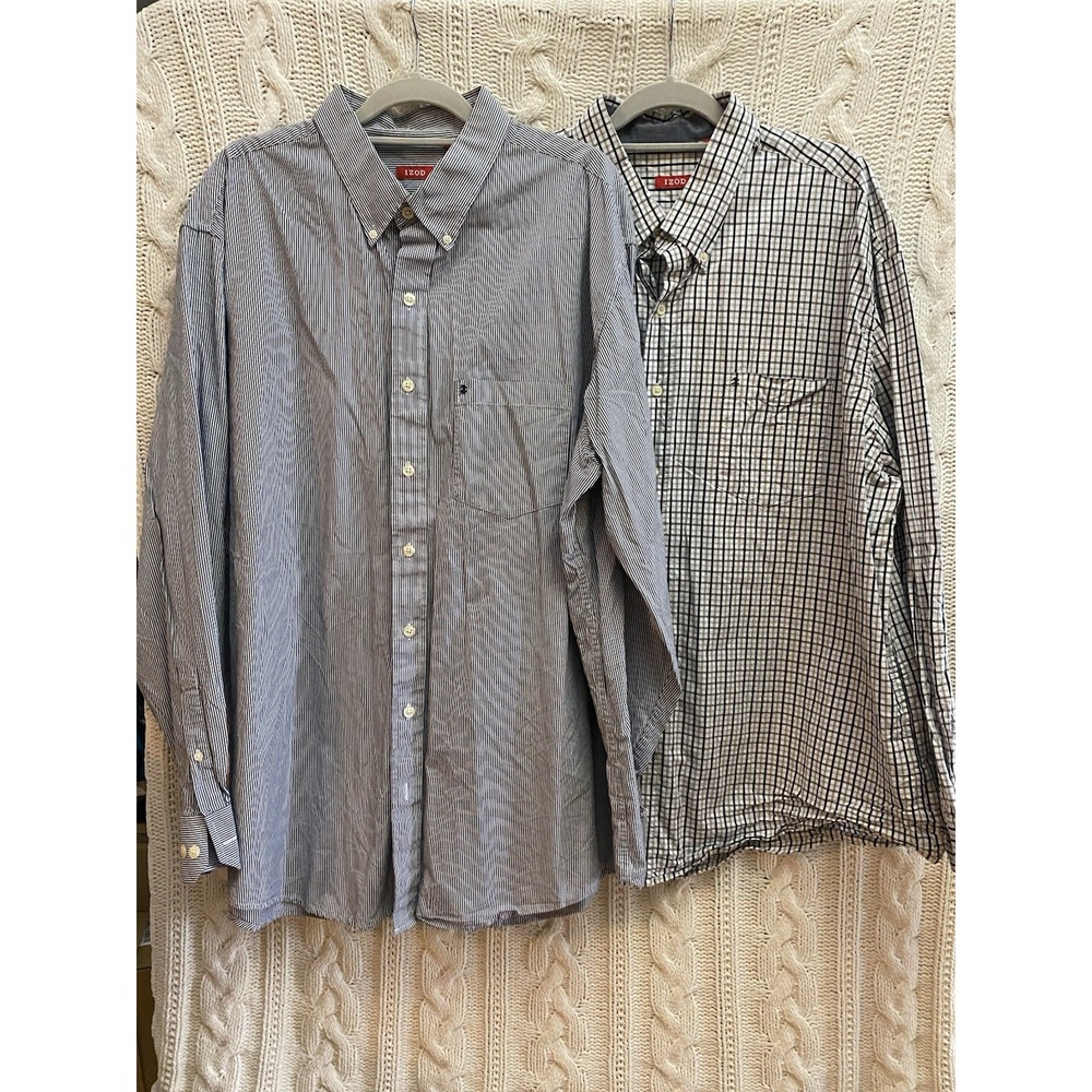 2 Pack IZOD Men's L/S Shirts 2XL & 2XLT Check Striped Button Down Dress Shirts